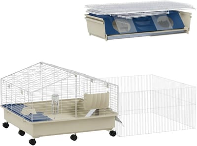 PawHut Kleintierkäfig mit Laufstall, Kaninchenkäfig, Kleintierstall mit Wasserflasche, Heufütterung, Futterschale, Rampe Nagerkäfig mit Rollen für Meerschweinchen und Igel Weiß