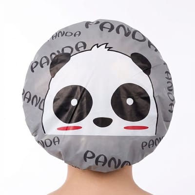 Grijze douchemuts douchekap met panda print – waterdichte badmuts met elastische rand – herbruikbare douche accessoire voor dames en heren