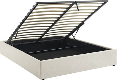 sweeek - Bed met lattenbodem en hoofdeinde, bouclé afwerking, wit