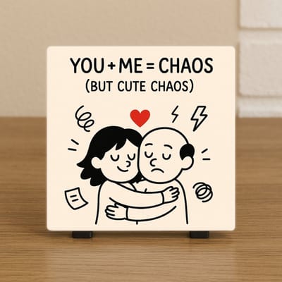 Wenstegeltje “You + Me = Chaos (But Cute Chaos)” – Grappig & Lief Cadeau – Stijlvolle Woondecoratie met Boodschap – Trendy nu – Hip trendy tegeltje