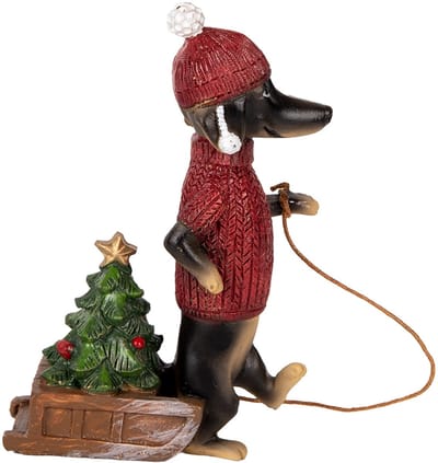 Clayre & Eef Kerstdecoratie Beeld Hond Teckel 8x4x13 cm Bruin Rood Kunststof