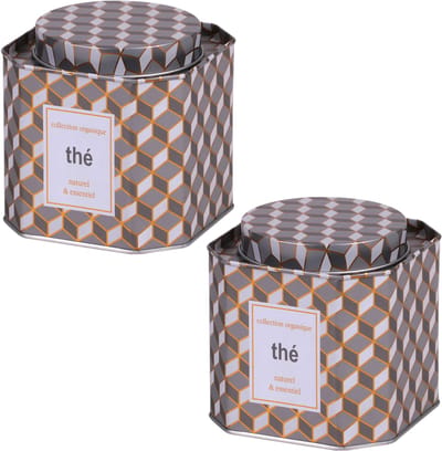 Urban Living Thee bewaarblik - 2x - retro print - metaal - 10 x 10 cm - theeblik - losse thee