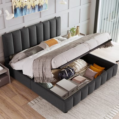 DESMIU Gestoffeerd Bed 140x200 cm – Verstelbaar Hoofdbord – Hydraulische Opbergruimte – Met Lattenbodem – Voor Slaapkamer – Linnen – Grijs – Zonder Matras