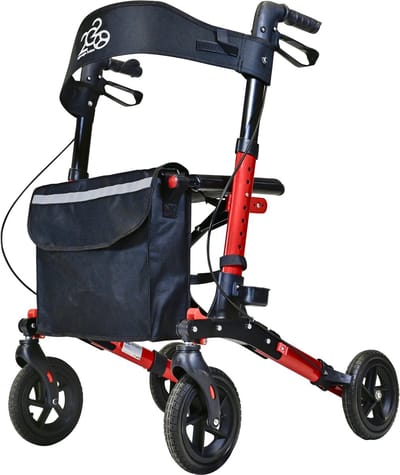 2020 Lichtgewicht rollator 4.0, Dubbel opvouwbaar, Fire-Red (6,9KG), Unieke zachte rubber banden (Comfort van een luchtband), Zachte comfortabele duwhandvatten