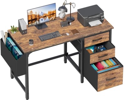 Dailygoods- Computerbureau 120 cm - Omkeerbaar ontwerp - Archiefkast - Rustiek bruin - Zwart metalen frame - Ruime werkstationruimte - Bureau