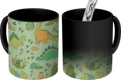 Magische Mok - Foto op Warmte Mokken - Koffiemok - Patronen - Dino - Groen - Jongetje - Kind - Kinderen - Kids - Magic Mok - Beker - 350 ML - Theemok