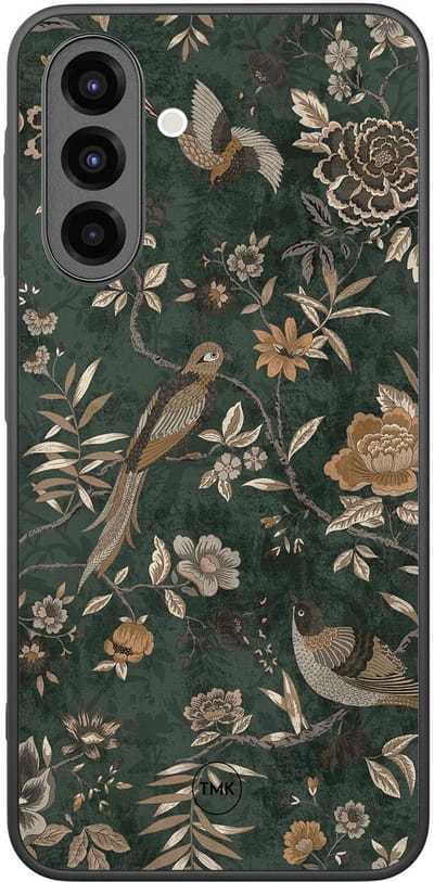 Hoesje geschikt voor Samsung Galaxy A26 - Khaki golden flowers - Groen - TPU case - Vogel - Hardcase zwart telefoonhoesje