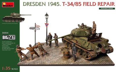 MiniArt Modelbouwpakket Diorama - 36064 Dresden 1945. T-34/85 Tank Veldreparatie - Big Set - Diorama Plastic - 1:35 - Modelbouw