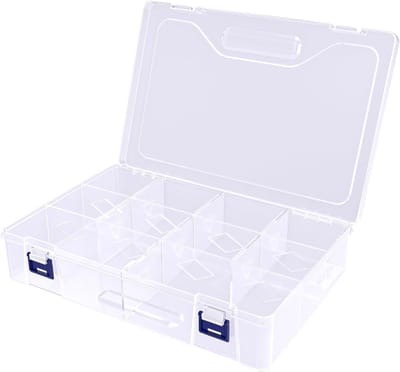 opbergdoos met 10 vakken, 10 rasters, transparante opbergdoos met vakken, plastic sorteerdoos, dubbele gesp, organizer, box voor accessoires, kralen, sieraden, oorbellen