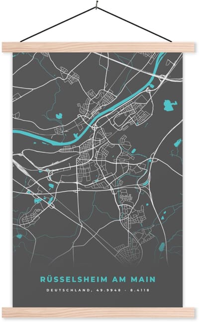 Posterhanger incl. Poster 120x180 cm - Schoolplaat - Blauw – Duitsland – Plattegrond – Stadskaart – Kaart – Rüsselsheim am Main - Textielposter - Blanke latten - Stadskaart