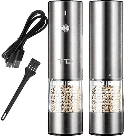 TTD® Premium Zout en Pepermolen Set Elektrisch RVS XXL - 75 ml Capaciteit - USB-oplaadbaar - Peper en Zoutmolen set - Kruidenmolen - Zoutmolen - Pepermolen - Peper en Zoutmolen Oplaadbaar - Verstelbare maalgraad - LED-verlichting - 2 stuks
