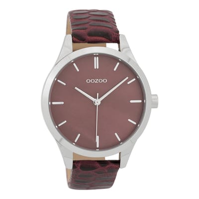 OOZOO Timepieces - Zilverkleurige horloge met bordeaux rode leren band - C9722