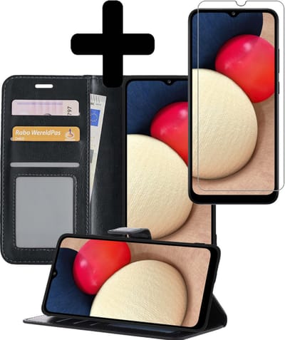 Hoesje - Met Screenprotector - Geschikt voor Samsung Galaxy A02s - Luxe Pasjeshouder - Bookcase Portemonee - Flip Case - Kunstleer Book Case - Flipcase - Book Cover - Walletcase - Portemonneehoes - Telefoonhoesjes - Zwart