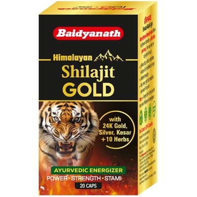 Baidyanath Shilajit Doré de l'Himalaya Ayurvédique 20 Gélules avec Or, Argent et Extraits de Plantes pour l'Énergie et la Vitalité Quotidiennes