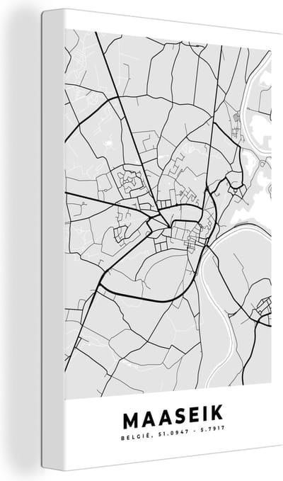 Canvas Schilderij België – Maaseik – Stadskaart – Kaart – Zwart Wit – Plattegrond - 20x30 cm - Wanddecoratie