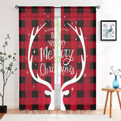 2 stuks, Buffalo Ruit Kerst Rendier Gordijnen -30% verduisterend - geschikt voor woonkamers, slaapkamers, keukens en huisdecoratie W150CM H166CM&Rod pocket brown