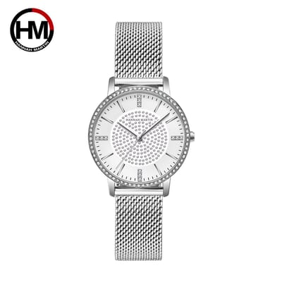 HANNAH MARTIN horloge met kristal diamantjes, zilveren stalen polsband, witte wijzerplaat, zilveren horlogekast en zilveren wijzers voor dames met stijl ( model 1074 B-WYY )