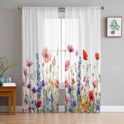 Bloem Plant Aquarel Bladeren Madeliefje Transparante Gordijnen voor Woonkamer Decoratie Raamgordijnen Keuken Tule Voile Gordijnen W135 x H115cm x1 white