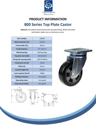 Draaibare zwenkwiel van 152 mm met zwart elastisch rubber op een aluminium wiel