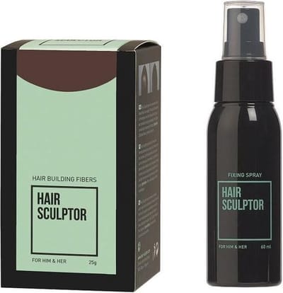 Hair Sculptor Hair Building Fibres Donkerbruin + Hair Sculptor Fixing Spray