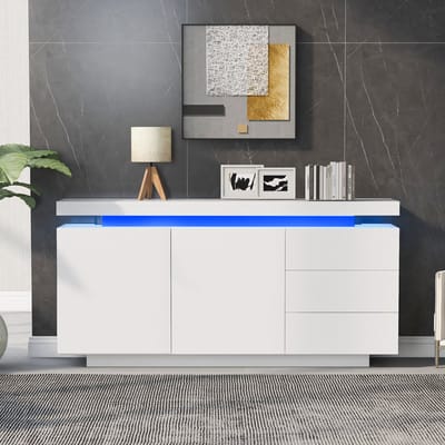 Commode - 140x35x72,5 cm - Modern met LED - 2 Deuren en 3 Laden - Hoogglans - Wit