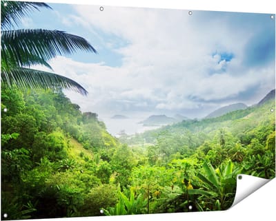 Gards Tuinposter Jungle Uitzicht op de Seychellen - 150x100 cm - Tuindoek - Tuindecoratie - Wanddecoratie buiten - Tuinschilderij