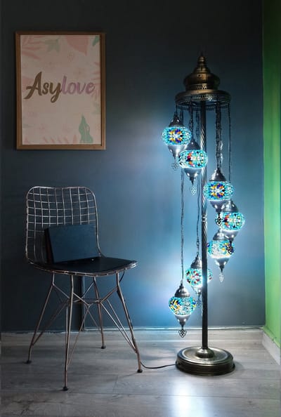 Handmade Turkse staandelamp 7 bollen Oosterse vloerlamp mozaïek blauw