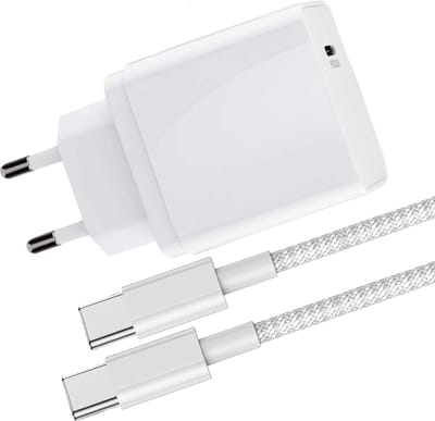 45W USB Adapter + 1 Meter Kabel - Geschikt voor Oplaadkabel iPhone 15, iPhone 16 Series en Samsung Devices - Stekkerblok met USB C Kabel - GaN Snellader - Nylon Gevlochten - Wit