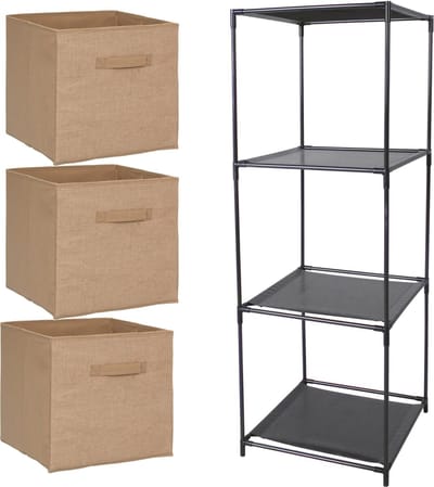 5Five Kastmandjes/opberg manden - lichtbruin - jute - 3x van 29 Liter - Metalen rekje is 34 x 104 cm