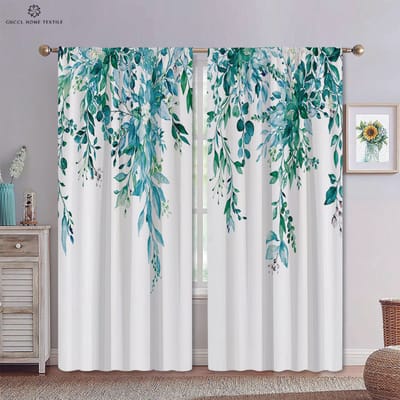 Eenvoudig Gordijn met Bloemen- en Bladprint, Tunnelzoom, Geschikt voor Slaapkamer, Woonkamer, Buitendecoratie, Kan op Maat Gemaakt worden W50xH130(CM)x2PCS&Grommet Top white