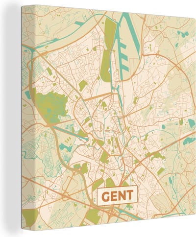 Canvas Schilderij Kaart - Gent - Vintage - Plattegrond - Stadskaart - 20x20 cm - Wanddecoratie