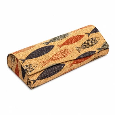 Beige kurk brillenkoker unisex met vis patroon artistieke opdruk drukbestendig opvouwbaar brillendoosje vintage stijl harde brillenhouder voor zonnebril leesbril en bril