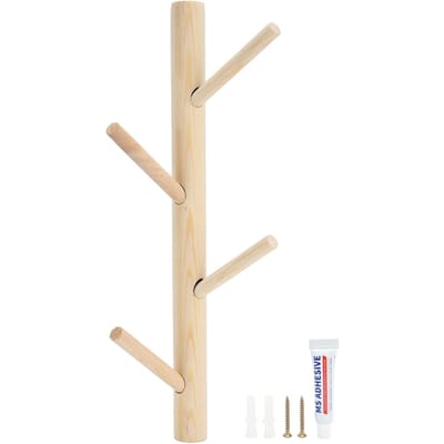Zonder Boren Wandgemonteerde Kapstok Handdoekhanger Boomtakvormige Hoedenrek voor Woonkamer(Hout beige