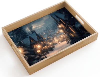 Dienblad hout 40x30 cm - Schootdienblad - Winterdorp - Sneeuw - Donker - Borrelplank rechthoek - Plateau dienbladen