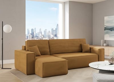 Comfortabele Hoekbank met Slaapfunctie en Opbergruimte – L-Vormige Slaapbank met Voetenbank – Gestoffeerde Corduroy Bank – Modern Design – House&Garden – Mosterdkleur