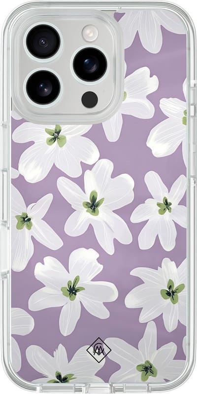 Casimoda® hoesje - Geschikt voor iPhone 16 Pro - Lavender Blossoms - 2-in-1 case - Schokbestendig - Bloemen - Verhoogde randen - Paars, Transparant