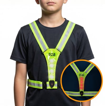R2B Hardloopvest met Verlichting Voor Kinderen - Maat 110 t/m 176 - USB-C Oplaadbaar - Wandel & Hardloop Verlichting - Reflecterend Running Vest - Hardloopvest Oplaadbaar - Loopvest Kinderen - Neongeel
