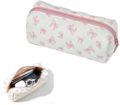 KZQ Etui met strik en bloemmotief - Etui met rits voor meisjes - Etui voor school en cosmetica - Bedrukt - Roze - 19 x 6 x 8 cm