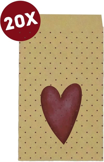 20 kleine kraft zakjes met stippen en een groot hart - Traktatiezakjes - Uitdeelzakjes - Snoepzakjes - Geschenkzakjes - 8,5 x 13,2 cm