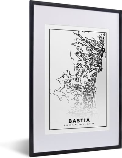 Fotolijst incl. Poster Zwart Wit- Stadskaart – Plattegrond – Kaart – Bastia - Frankrijk - Zwart wit - 40x60 cm - Posterlijst