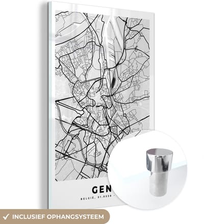 MuchoWow® Glasschilderij 120x180 cm - Schilderij acrylglas - Plattegrond – Gent – Zwart Wit – Stadskaart - Kaart - Foto op glas - Schilderijen