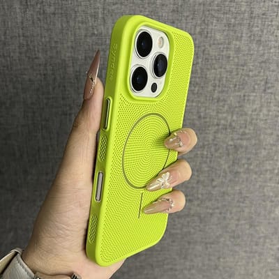 Luxe Gaatjes Hitteafvoer Hoesje voor iPhone 16 15 14 Plus 13 12 11 Pro Max Voor Magsafe Draadloos Opladen Hard PC Dunne Cover For iPhone 15 Pro yellow