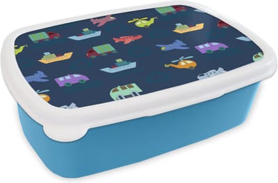 Broodtrommel Blauw - Lunchbox - Brooddoos - Patronen - Vliegtuig - Boot - Vrachtwagen - Jongetje - Jongens - Kinderen - Kids - 18x12x6 cm - Kinderen - Jongen