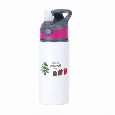 Hacebo® - Kerst kerstboom met cadeautjes met eigen naam waterfles met rietje roze - Kerstmis - Kerst beker - winter - kerst - christmas - kerst cadeau - water fles - 650ML