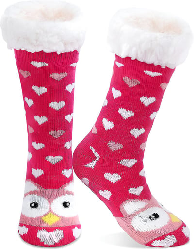 Budino® Huissokken - Verwarmde sokken - Antislip Sokken - Warme Sokken - Dikke Sokken - Anti Slip - Fluffy Sokken - Dames en Heren - Uil Hartjes Rood