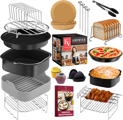 EnzoVita® Premium Airfryer Accessoires set - Meest Complete set - XL - Heteluchtfriteuse - Airfryer Accesoires set - Geschikt voor Airfryer XL - Inclusief Airfryer Siliconen Bakje & Nederlands Receptenboekje - Bakpapier