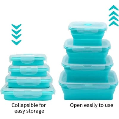 4 Stuks Siliconen Opvouwbare Voedselopbergcontainers met Deksel Siliconen Lunchbox Bento Box BPA-vrij voor Keuken Voorraadkast 4PCS blue