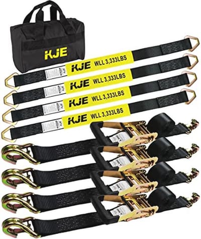 Zware Trailer Vastbindtouwen 4-Pack - 2" x 8' Rateltouwen + J-Haken met Clip, 2" x 36" Aasbanden - 10 lbs Breeksterkte - Voor Auto, Vrachtwagen, UTV Transport