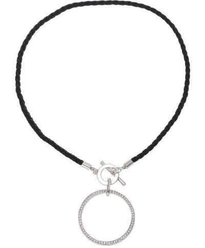 Behave - Korte koordketting met ronde hanger en kristallen, zilverkleur - 40 cm