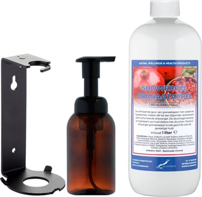 Zeepdispenser 300 ml amber bruin hervulbaar + 1 liter Showergel Granaatappel navulling (inclusief beugel)